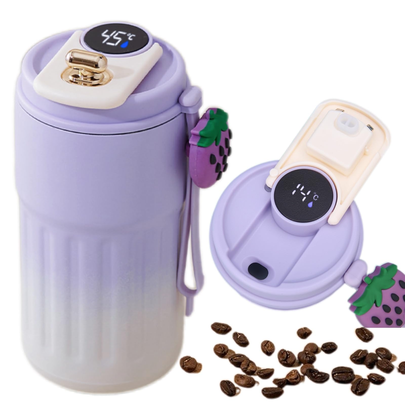 Purple Gradient Stainless Steel Thermal Cup, 460ml Coffee Thermal Mug, Thermal Mug with Temperature Indicator for Hot Water, Coffee, Tea and Cold Drinks for Home Travel Office