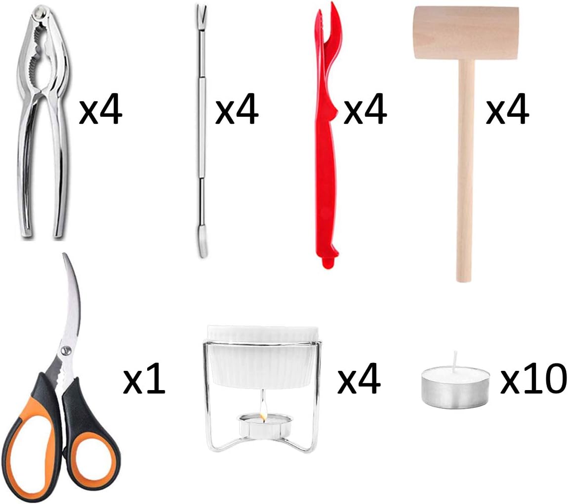 Artcome 31 Pcs Seafood Tools Set includes 4 Crab Forks, 4 Lobster Crab Crackers, 4 Lobster Shellers, 4 Butter Warmers, 4 Lobster Crab Mallets, 1 Seafood Scissor and 10 Tealight Candles: Kitchen & Dining