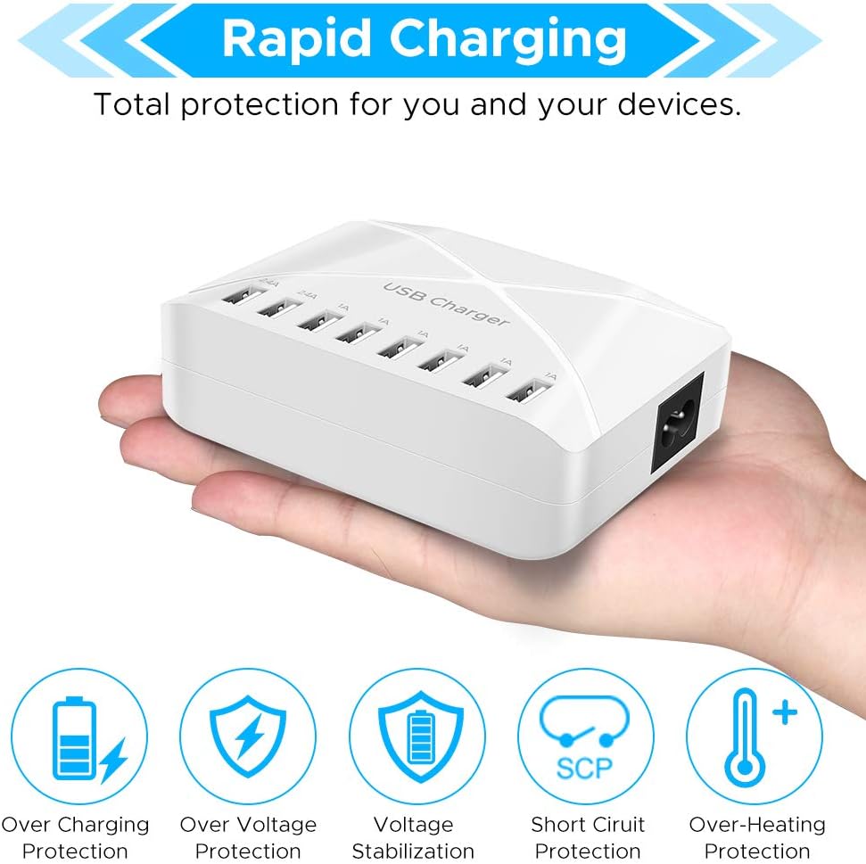 Multi Port USB Charger Station,8-Port Desktop Multi USB Charger，USB Charging Hub with Smart Detect，Multiport USB Charging Station for Smartphone, Tablets and Other Multiple Devices（White）: Electronics