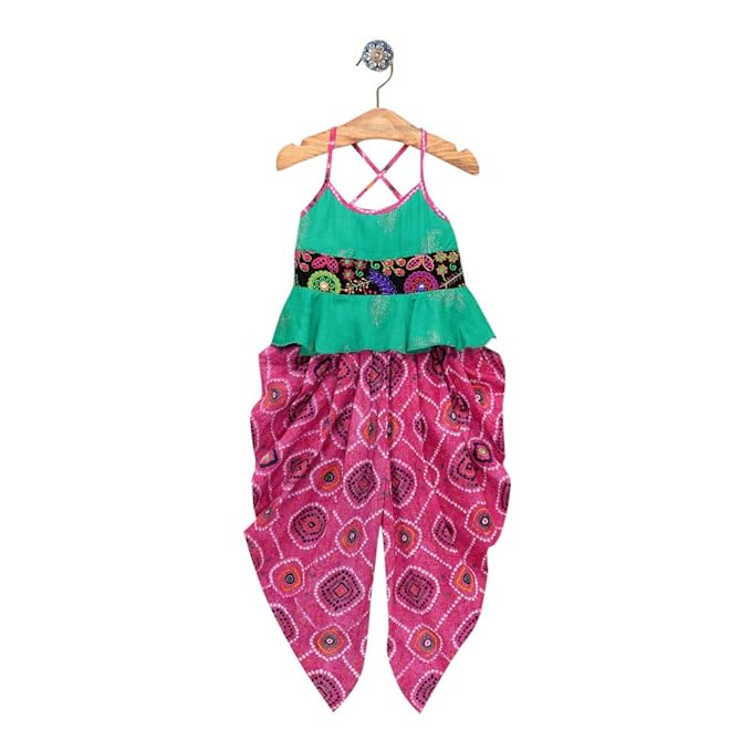 M'Andy By Hopscotch Girls Cotton Embroidered Belt Kurti With Magenta Dhoti In Green Color