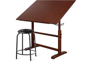 Falling in Art Wooden Drafting Table and Stool Set, Walnut 30" x 42" Adjustable Height and Angle Solid Wood Drawing Desk for Adults, Artist Craft Table for Painting Artwork, Reading, and Writing