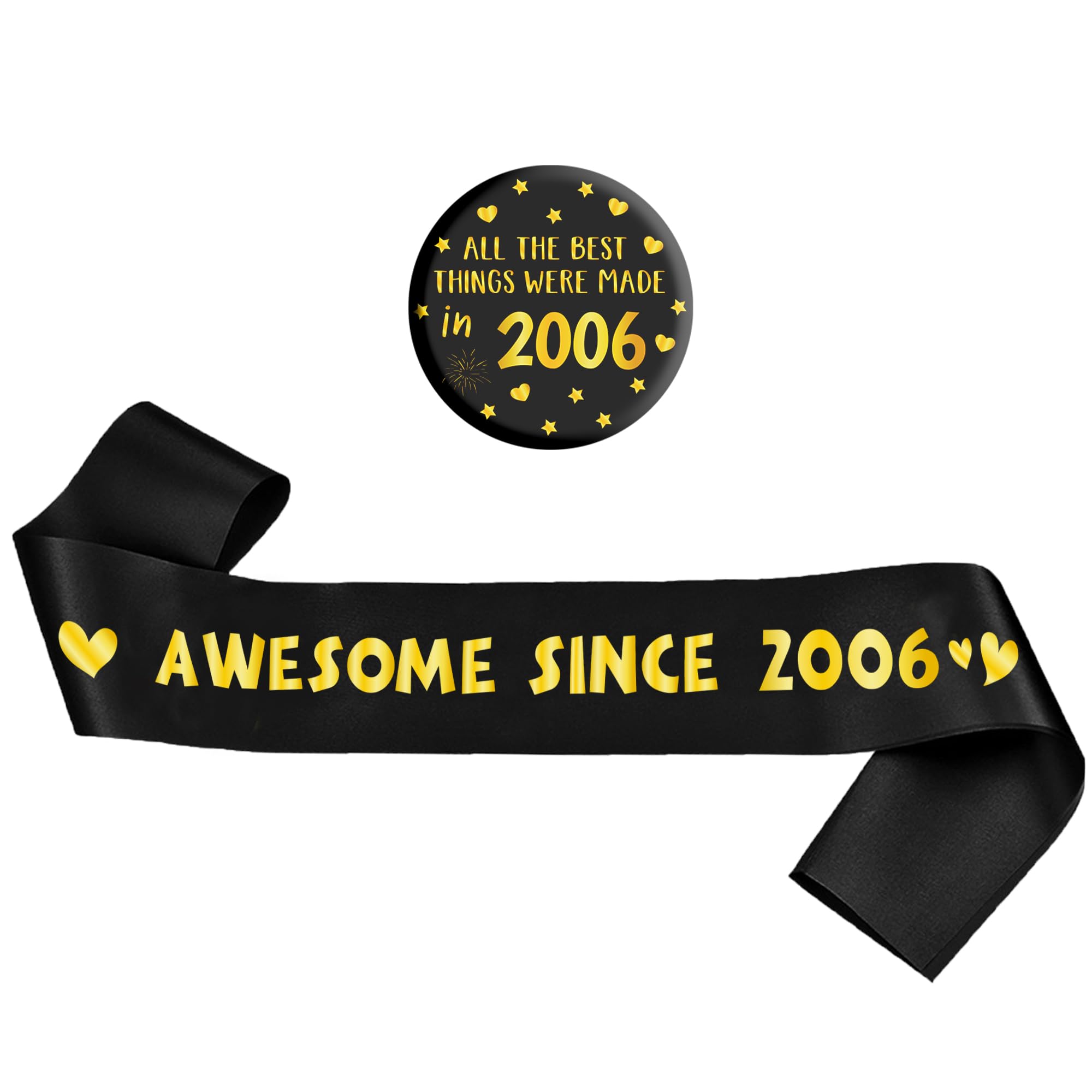 20th Birthday Decorations Sash Set - Black and Gold Awesome Since 2006 Sash with Button Badge, Happy 20 Years Old Birthday Party Decoration for Fabulous Boys