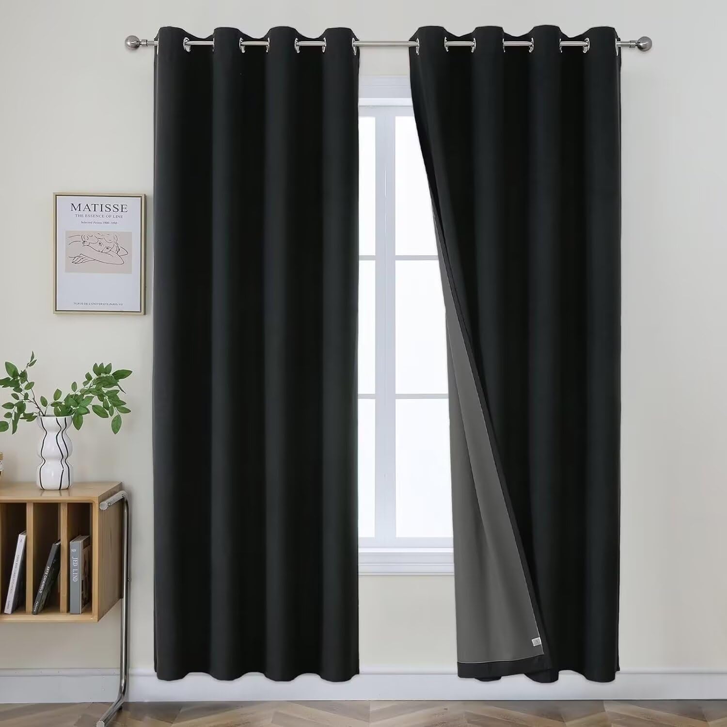 Joydeco Black Black Out Curtains 84 Inch Long 2 Panels Set, Faux Textured Linen Thermal Insulated Burlap Curtain & Drapes, Grommet Room Darkening Drapes for Bedroom Living Room Image