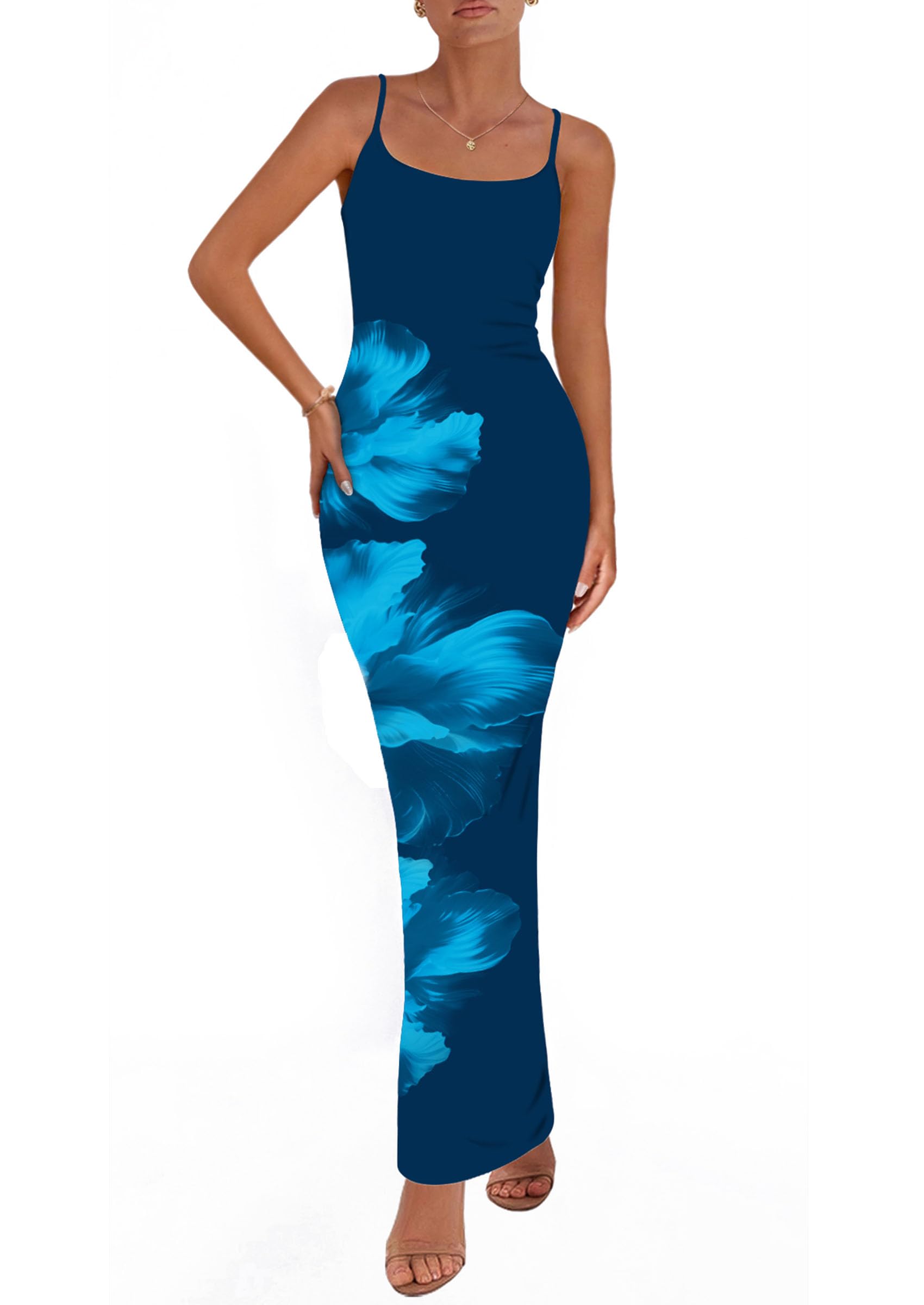 Photo 1 of PRETTYGARDEN Womens Floral Maxi Dress Spaghetti Strap Mesh Dress Backless Night Out Party Long Bodycon Dresses(Floral Dark Blue,Medium)