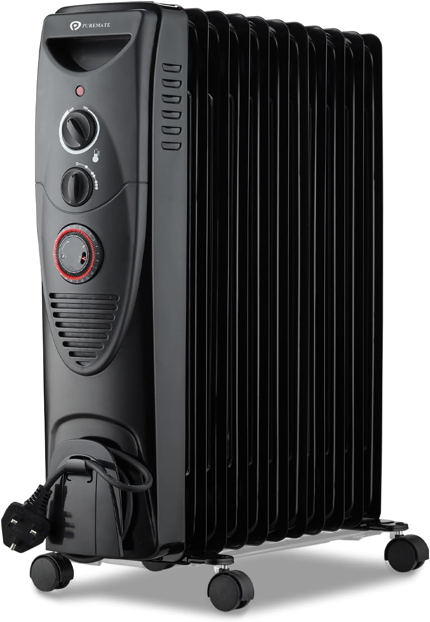 PureMate 2500W Oil Filled Radiator 11 Fin 3 Power Settings Thermostat Timer