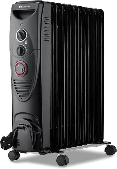PureMate 2500W Oil Filled Radiator 11 Fin 3 Power Settings Thermostat Timer