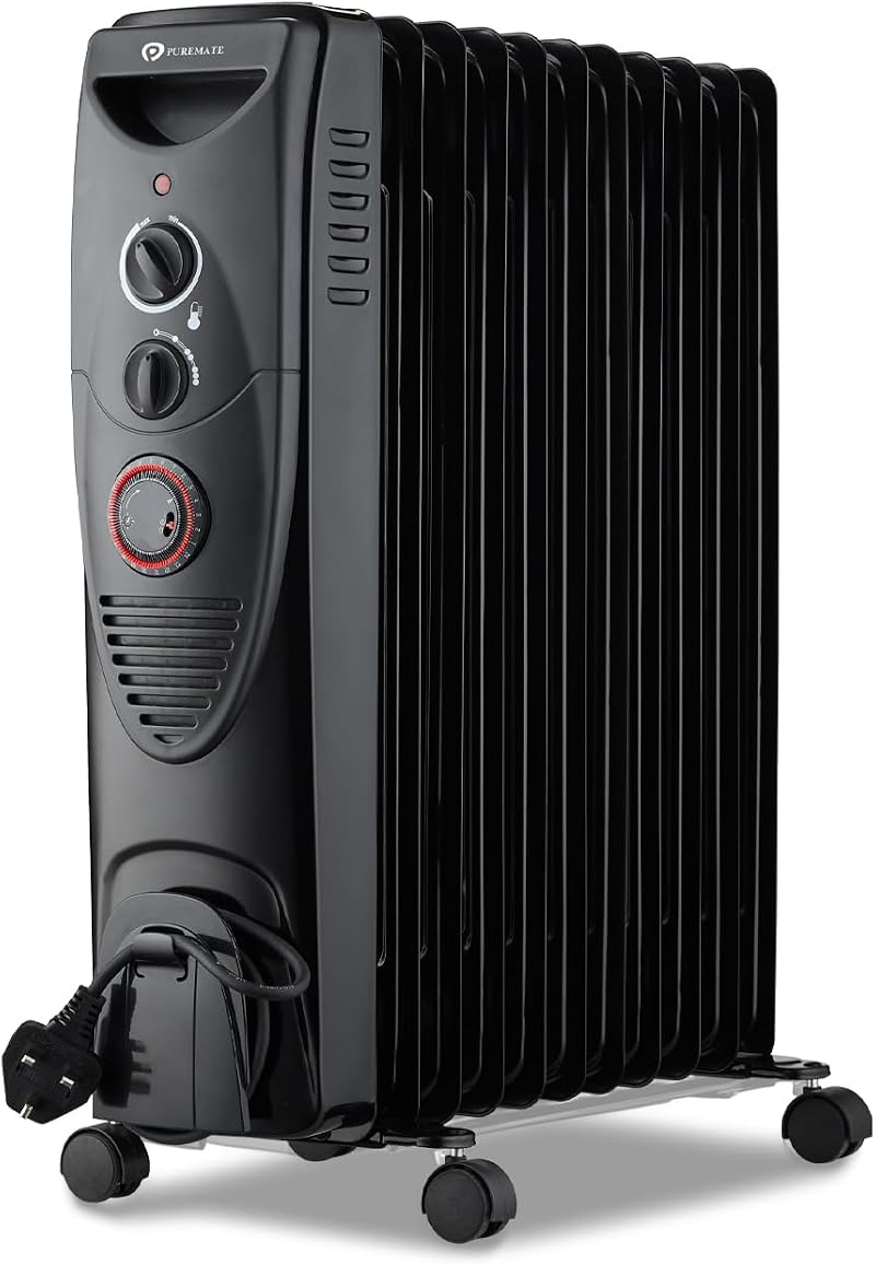 PureMate 2500W Oil Filled Radiator 11 Fin 3 Power Settings Thermostat Timer