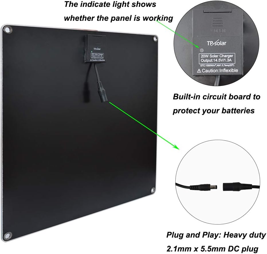 TP-solar 20 Watt 12 Volt Solar Trickle Charger 20W 12V Solar Panel Car Battery Charger Portable Solar Battery Maintainer + Cigarette Lighter Plug Alligator Clip O-ring Terminal for Car Boat Motorcycle: Garden & Outdoor