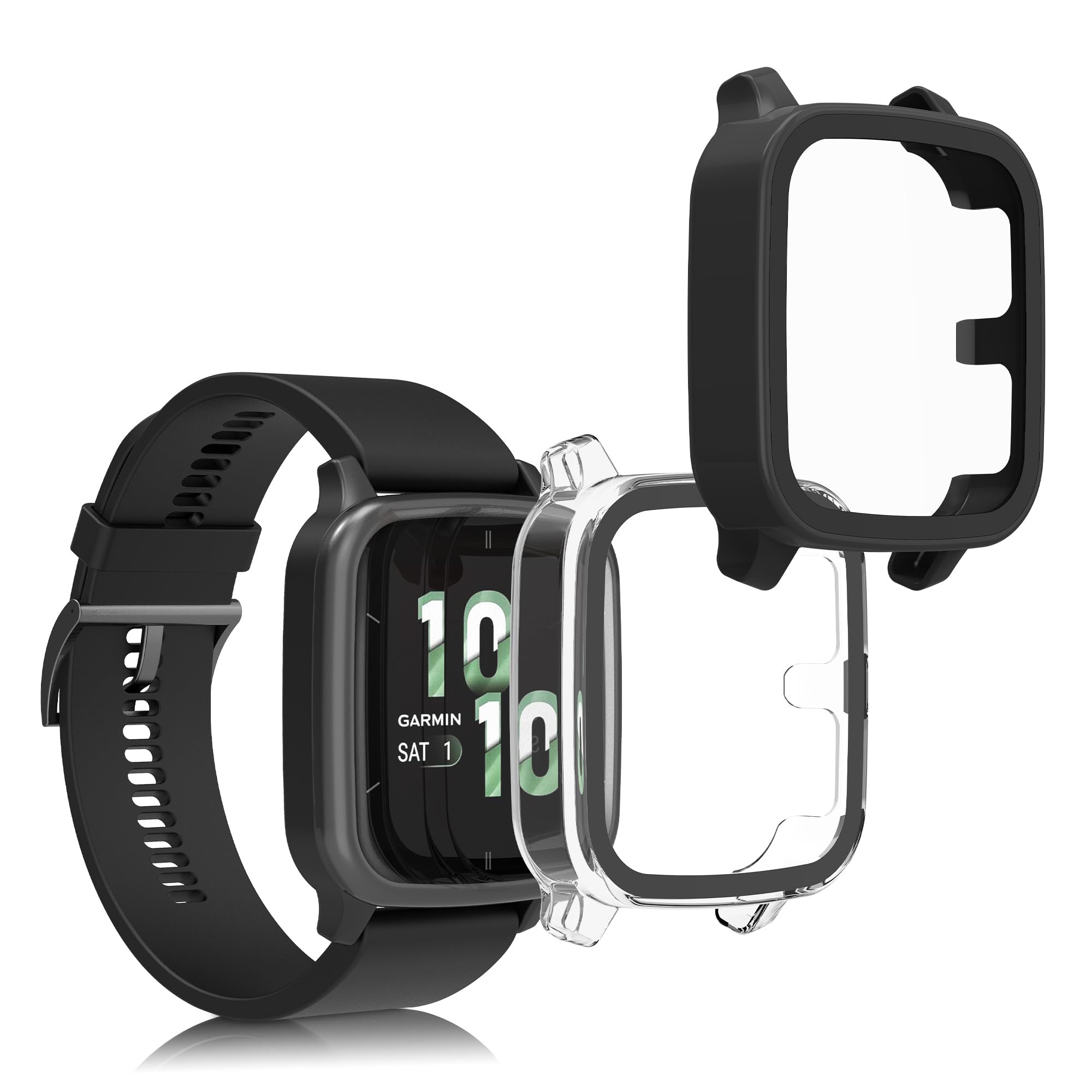 kwmobile 2 Cover with Screen Protector for Garmin Venu Sq 2 Music/Sq 2 Case - Tempered Glass with Plastic Frame Covers - Transparent/Black