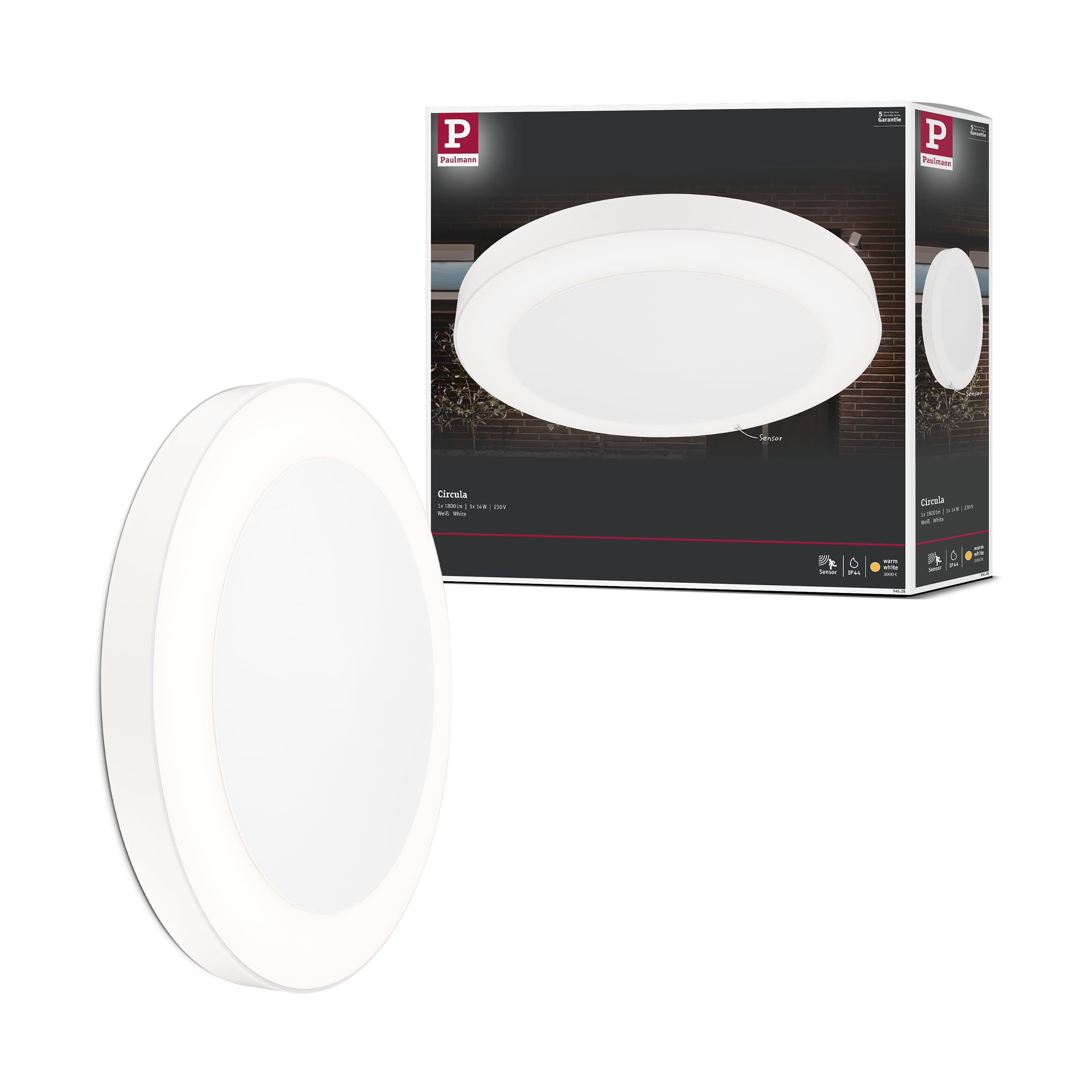 Paulmann 94528 LED outdoor luminaire ceiling luminaire Circula with dusk/motion sensor IP44 round incl. 1x14W warm white beige plastic 3000K