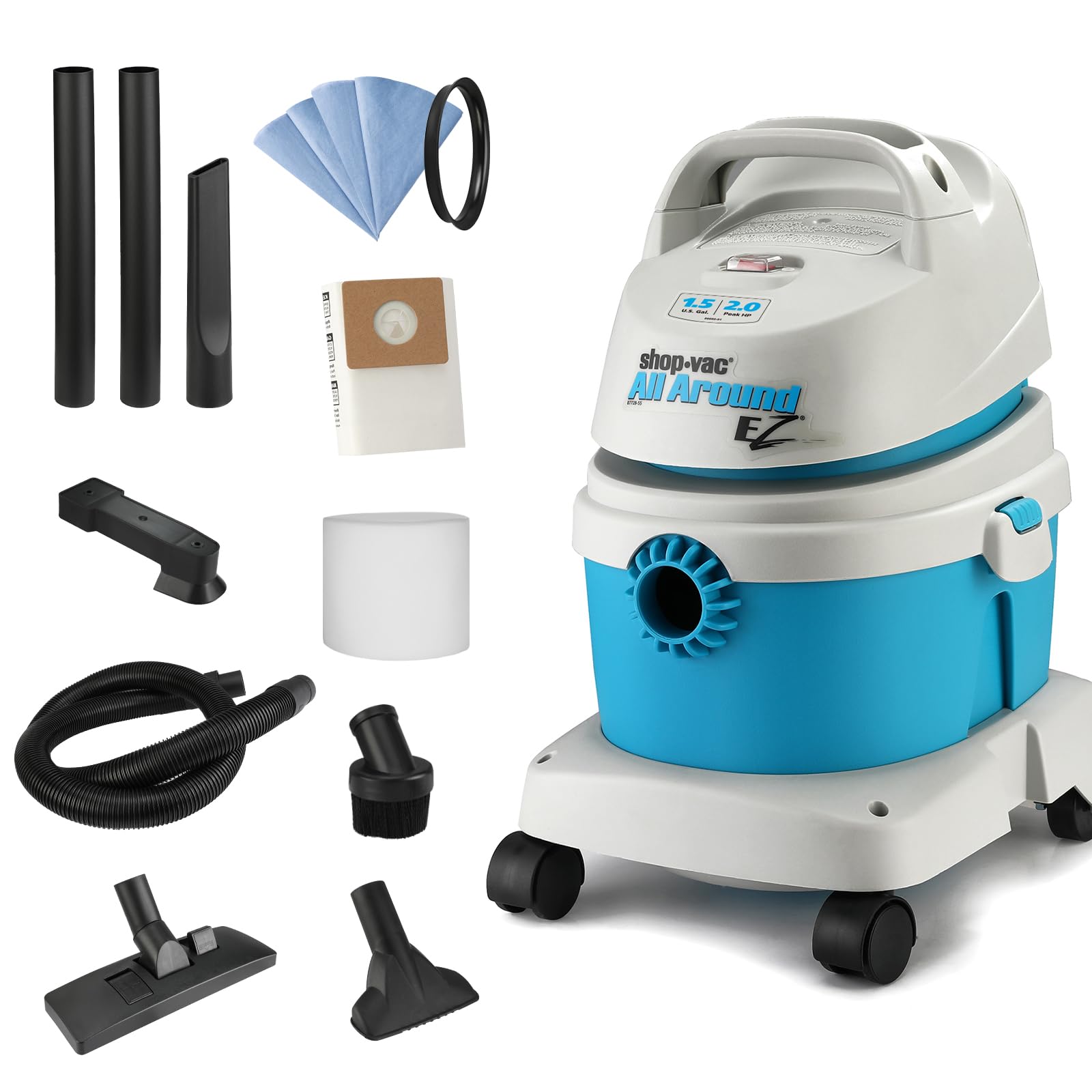 Photo 1 of Shop-Vac 1.5 Gallon 2.0 Peak HP All Around EZ Wet/Dry Vacuum, Portable Compact Shop Vacuum, 3 in 1 Function with Wall Bracket & Multifunctional Attachments for Home, Apartment, Vehicles, 5895100