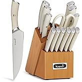 KUISINE Upgraded Sharp Chef Knife Set,High Carbon Stainless Steel Ergonomic Rivet Handle,Knife Block Set with Built-in Sharpener(Acacia Ivory Pro,15PCS)