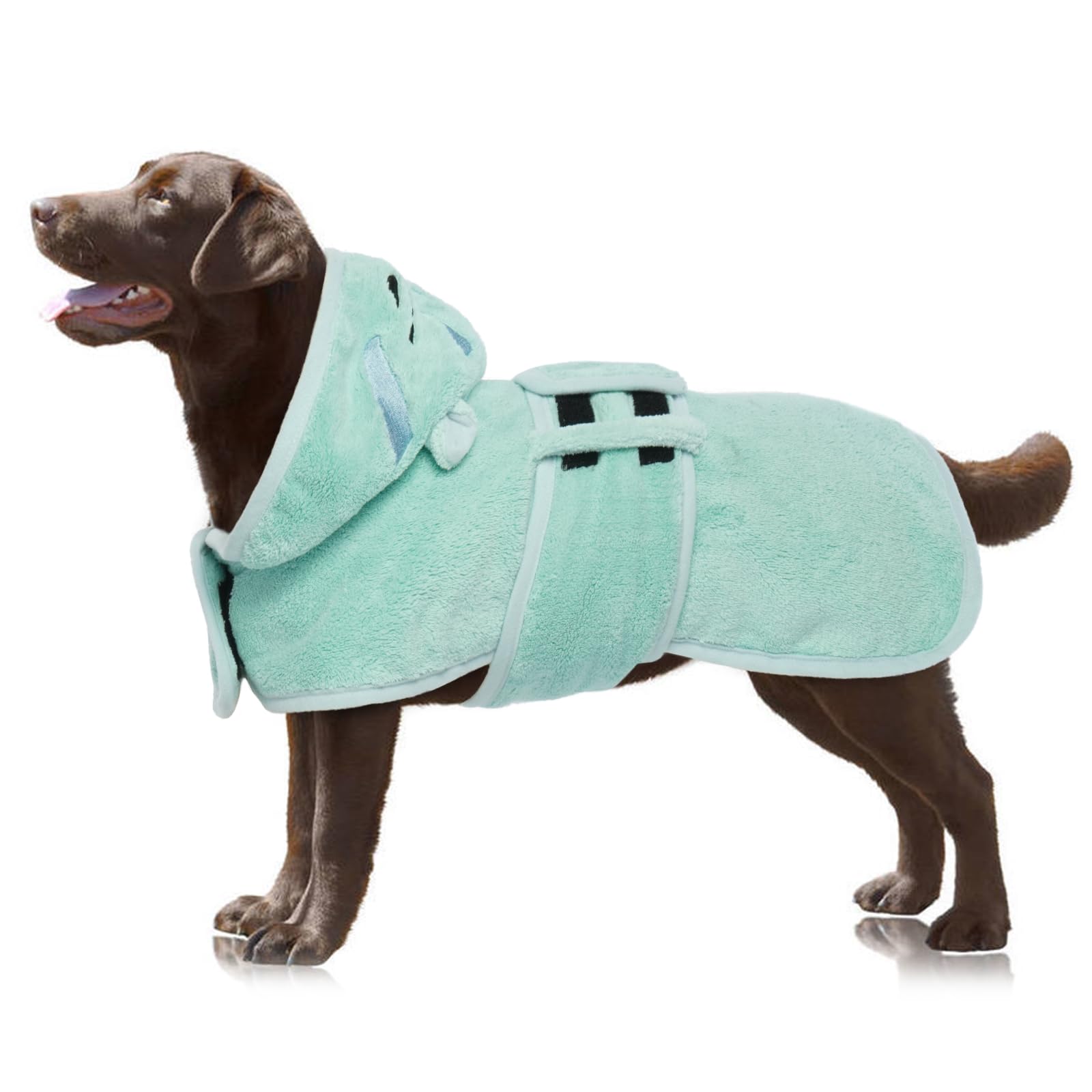 OUOBOB Dog Drying Coat, Bathrobe for Drying Dogs, Green Towels for Medium Dogs, Microfibre Dog Robe Super Absorbency with Hood & Adjustable Belly Straps for Frenchie, Beagle, Boston Terrier L