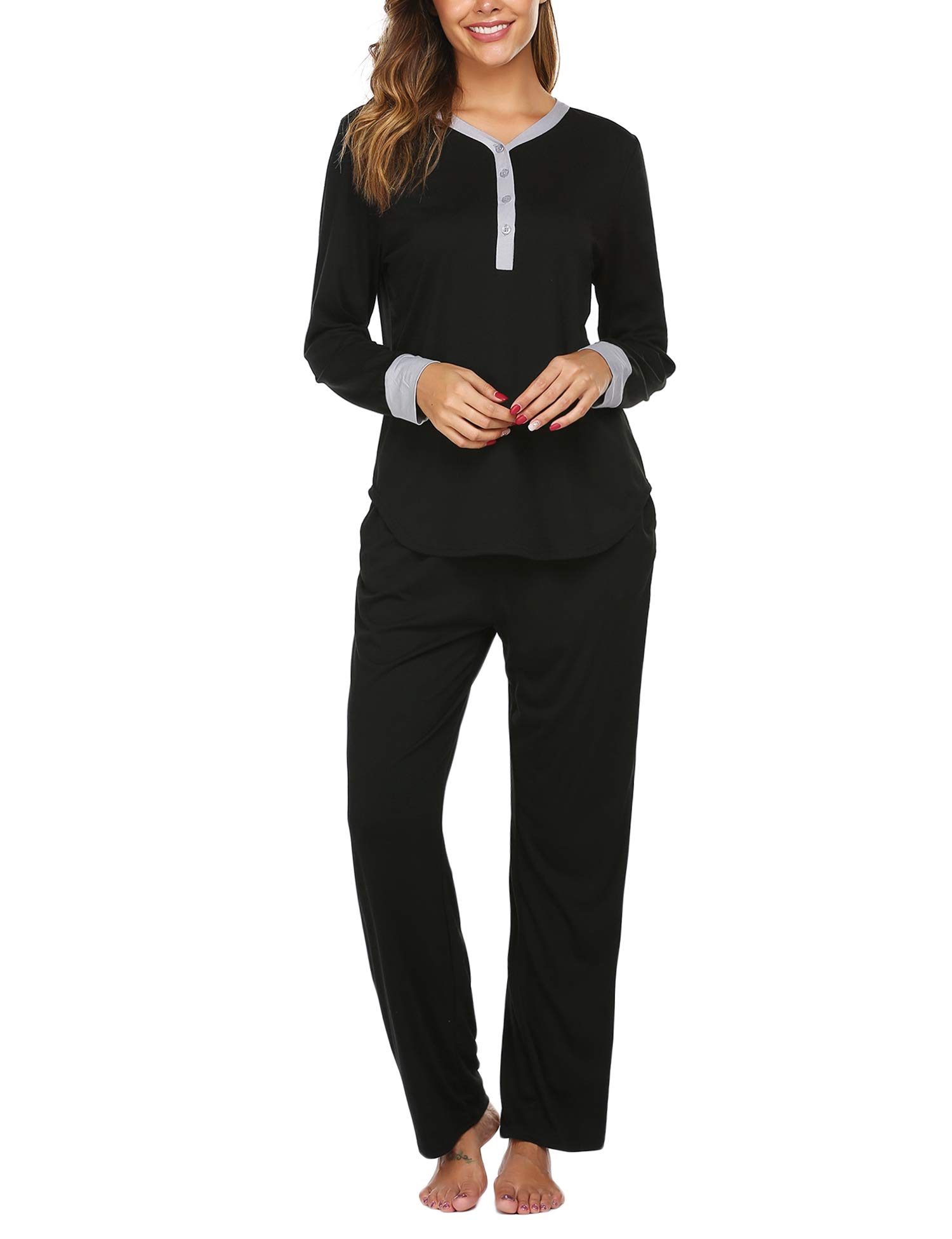 Ekouaer Women\'s Pajama Set Long Sleeve Sleepwear Long PJ Set Black