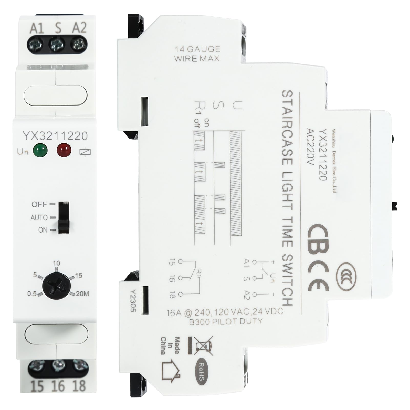 Jadeshay Stair Light Timer, 0.5-20mins Delay Time Relay Switch Timer 220VAC 16A Staircase Lighting Control Delay off Timer