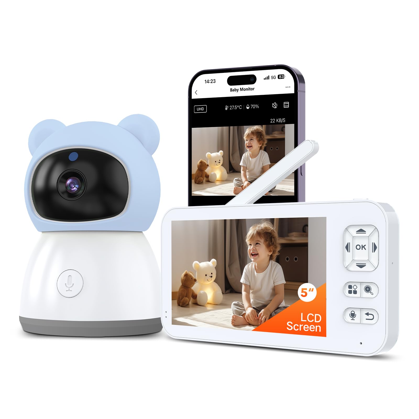 ACEBELL 2K WiFi Baby Monitor with 5'' 1080P Screen, Smart Baby Camera with App Control, 360°Auto Tracking, Motion & Sound & Humidity & Temperature Detection, Long Battery Life, Night Vision,2-Way Talk