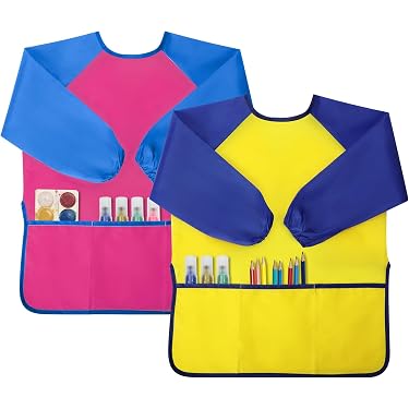Pack De 2 Delantales De Arte Infantil Con Bolsillo – Batas De Pintura Con Manga Larga Para Niños Y Niñas De 2 A 12 Años (Azul Y Morado)