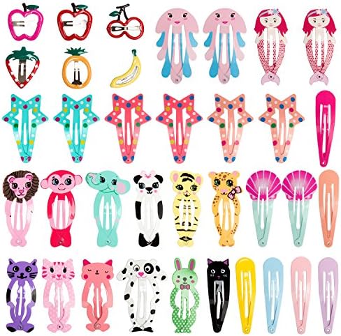 Exacoo 36 Pairs Animal Fruit Pattern Printed Metal Snap Close Hair Clips Kids Cartoon Design Barrettes Girls Hairpin, 36 Pieces