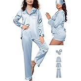 WJing Yi Jia 5Pcs XS-XXL Womens Silk Satin Pajamas Sets Long Pj Sets Button Down Pjs Set Loungewear Sleepwear