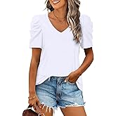 LCXWFE Womens Casual V Neck T Shirt Puff Sleeve Tops Ruched Elegant Summer Shirts