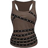 SOLY HUX Women's Punk Studded Ruched Tank Top Scoop Neck Sleeveless Fitted Grunge Tops Streetwear