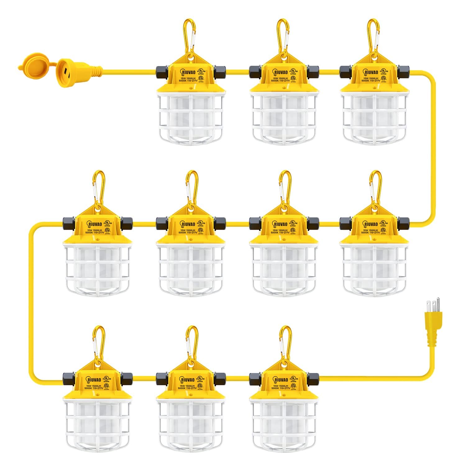 Photo 1 of 100ft LED Construction String Lights, 150W 15000LM Super Bright LED String Work Light, Construction Temporary Lights Apply to Renovation, Courtyard, Jobsite, and All Outdoor Lighting (100ft-10lights)