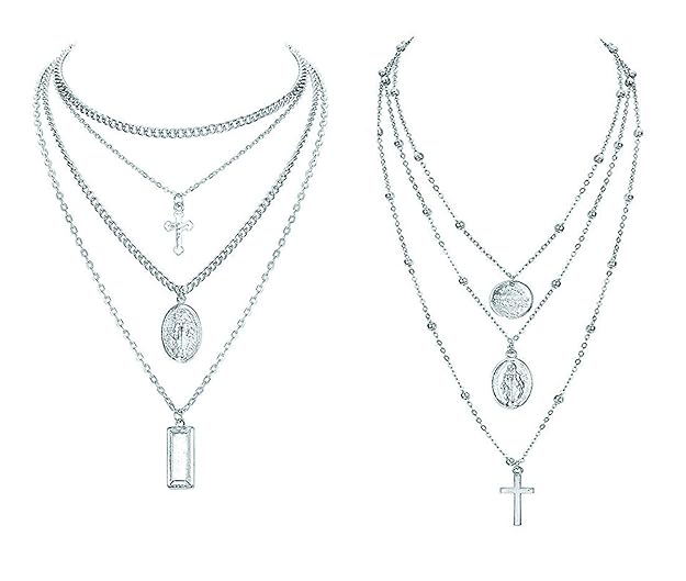 Finrezio 2 Stücke Mehrreihige Kette für Damen Frauen Mädchen Multilayer Choker Kette mit Anhänger Kreuz Quadrat Runde Halsket