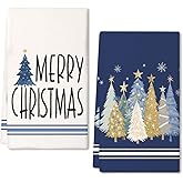 DineDia Merry Christmas Kitchen Towels Set of 2,Blue Xmas Tree Dish Hand Towels Holiday Home Indoor Bathroom Party Seasonal Noel Decorations DD027
