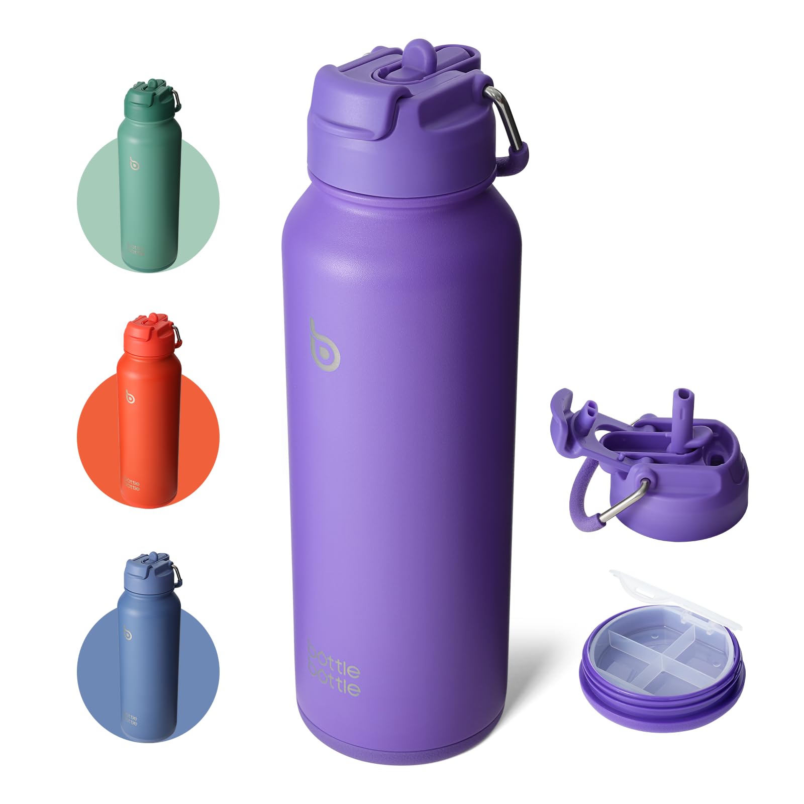 BOTTLE BOTTLE Insulated Water Bottle with Straw 1180ml(40oz) Sports Stainless Steel Water Bottles with Handle Lid Outdoors Drink Flask for Pills (dark purple) — image 1
