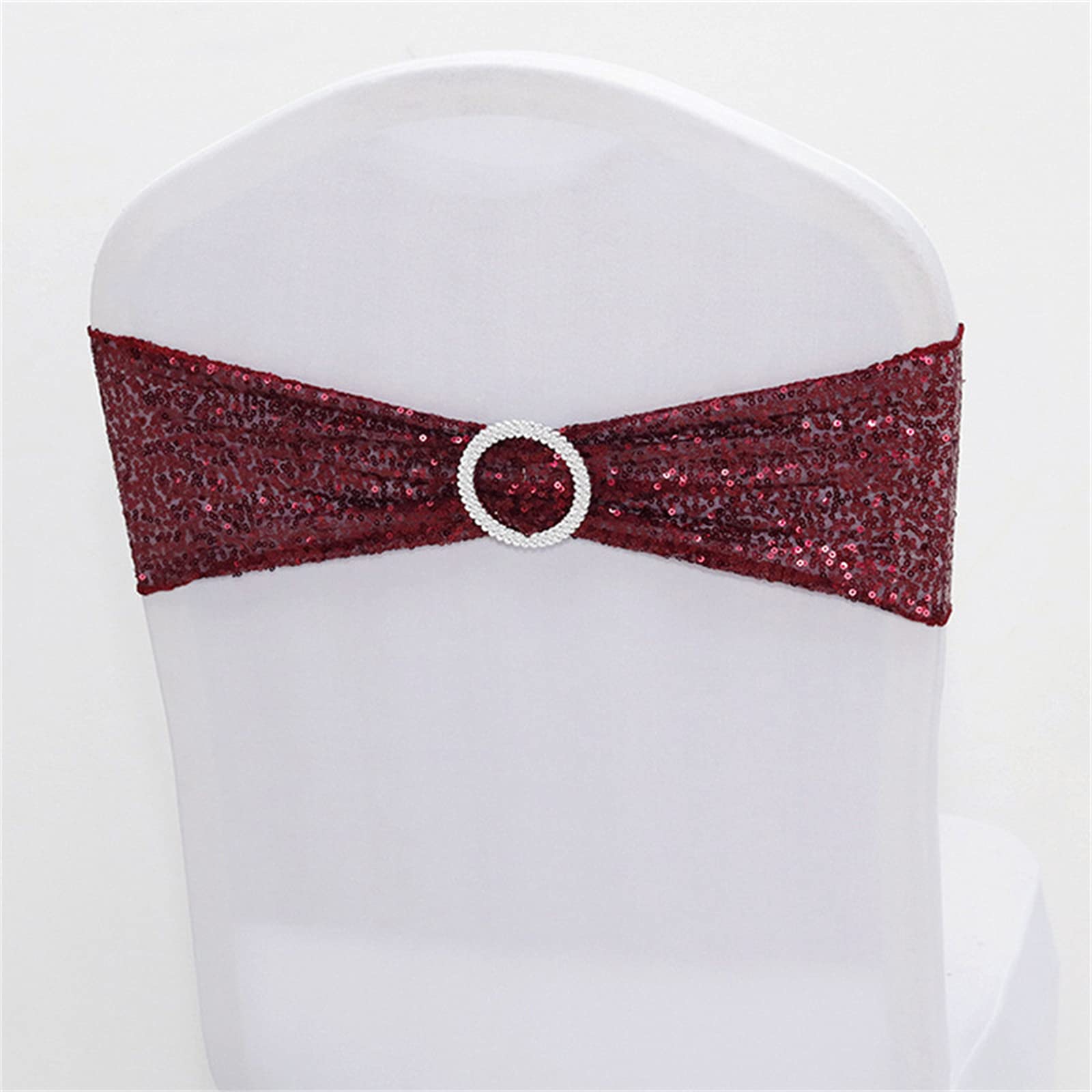Photo 1 of 25 PCS Stretch Sequin Chair Sashes Chair Stretchy Spandex Bands for Wedding Reception Events Banquets Chairs Decoration (Burgundy)