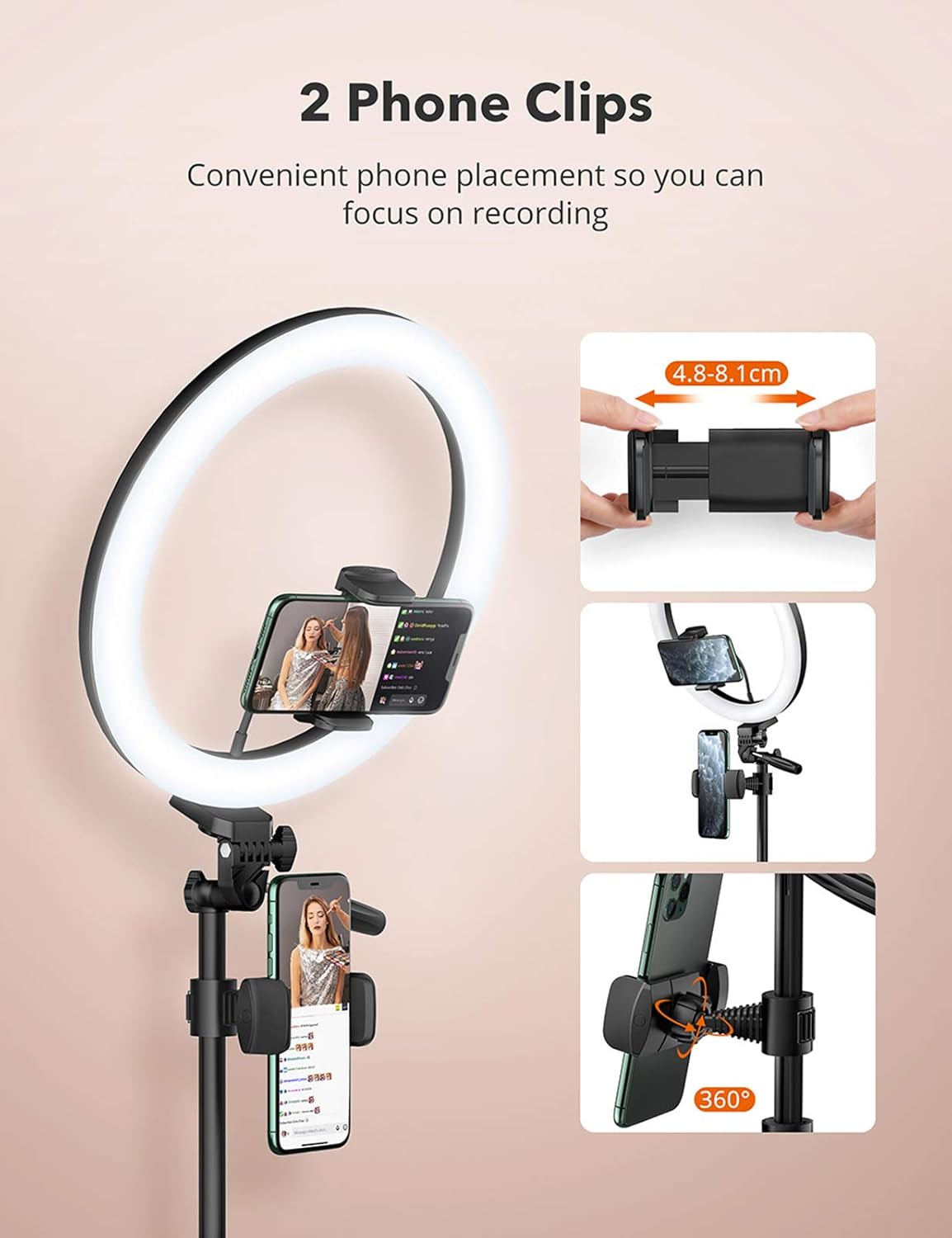 TaoTronics 12" Selfie Ring Light with 3 Color Modes, 10 Adjustable Brightness, 61“ Extendable Tripod Stand, 2 Phone Holders, Bluetooth Remote Shutter for Photography/Makeup/Live Stream/YouTube/Vlogs : Camera & Photo