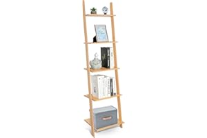 HYNAWIN Wall Leaning Ladder Shelf Bookcase,5-Tier Bamboo Storage Rack Shelvest,FreeStanding Plant Stand, Corner Display Shelves for Living Room, Bathroom, Kitchen, Office(65in)