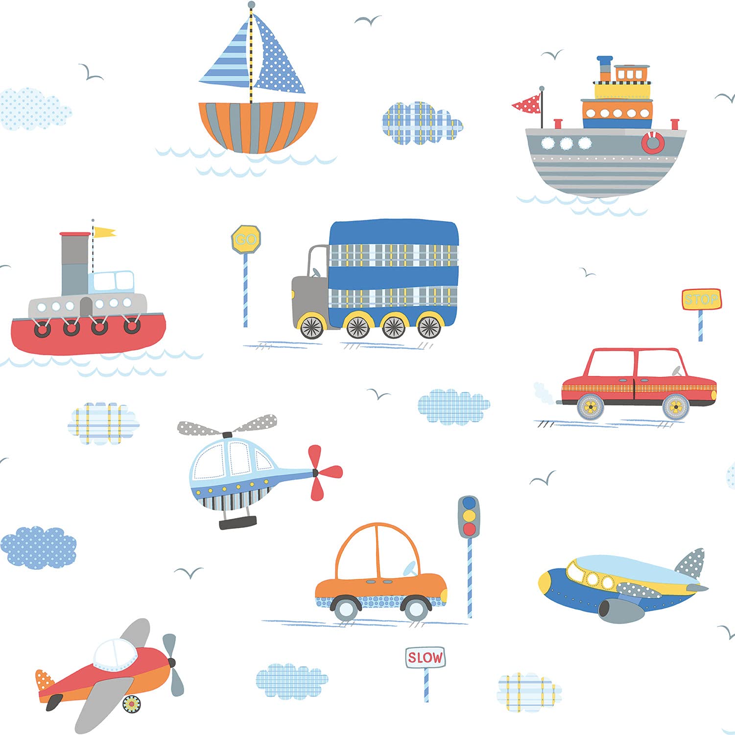Galerie G78415 Tiny Tots 2 Transportation Wallpaper, White/Blue/Red, 10m x 53cm