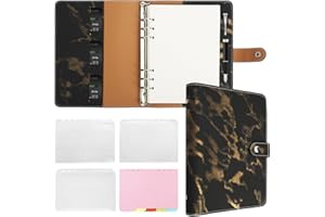 FYY A5 Binder Refillable Planner Notebook 6 Ring PU Leather Binder Journal with Pockets, Dividers, Refill Paper Marble Black