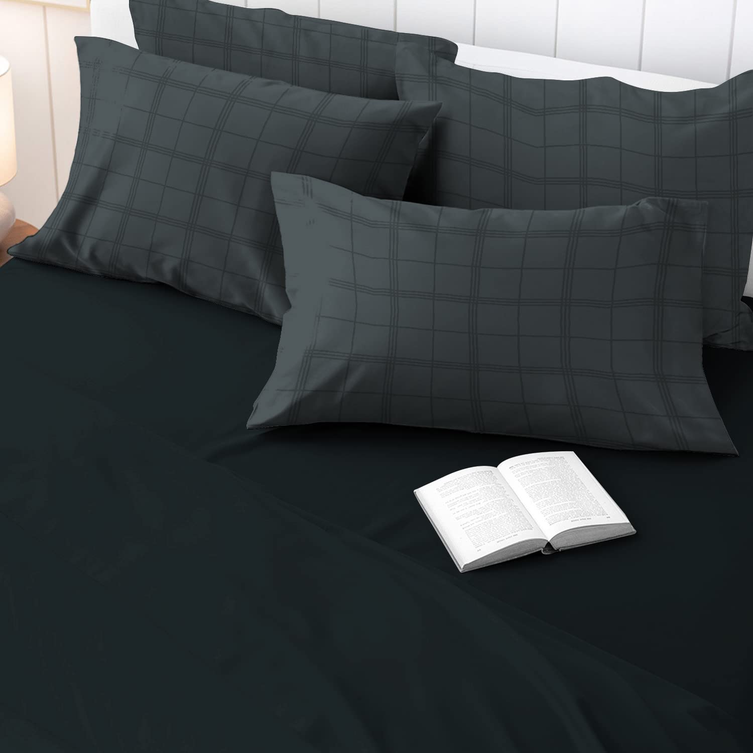 100% Cotton Anthracite Grey Big Checks Housewife Pillowcases 2 Pack, 300 Thread Count Long Staple Cotton Checked Bedding, Sateen Damask Bedding Pillow Case 48x74 (Gray Pillow Cases 2 Pack) Pizuna — image 1