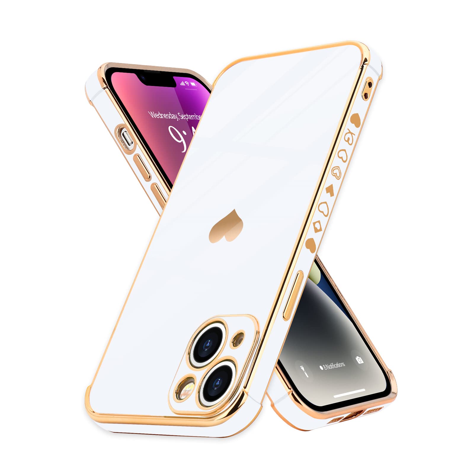 Urarssa for iPhone 14 Case Cute Bling Plating Heart Design Cases Women Girls Shockproof Bumper Silicone Slim Protective Cover for iPhone 14, White