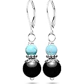 Silver Turquoise Stone Two Beads Drop Earrings,Genuine Real Crystal Quartz Gemstone Dangle Dangling Earrings,Boho Bohemian Beading Jewelry for Women Her