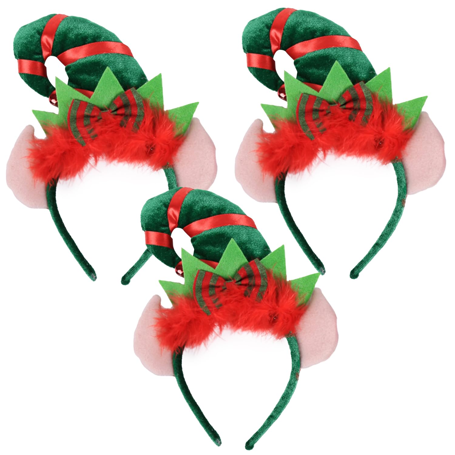 HAICN 3Pieces Christmas Elf Hat Headband Feather Cute Bell Hairband with Ears Elf Fancy Dress Costume Accessory for Santa Party Carnival Costume Masquerade