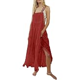utcoco Women's Summer Laced Embroidered Tulle Bib Overall Dress Casual Loose Adjustable Straps Sleeveless Maxi Dress