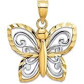 JewelryWeb 19mm 14k Two-tone Gold Butterfly With Cut-out Angel Wings and Two-color Charm Pendant Necklace for Women