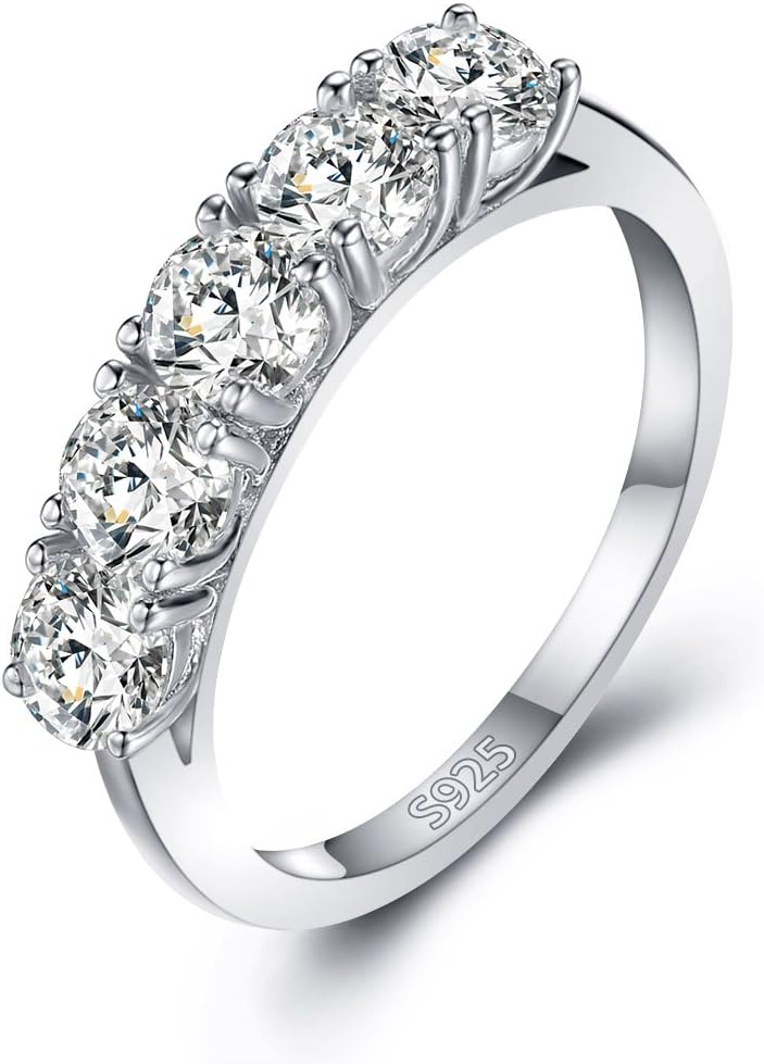 Mozume Women's Five Stone 4mm Cubic Zirconia Round Cut Engagement Ring CZ Wedding Band Anniversary 925 Sterling Silver