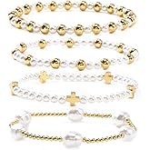Bohxantium Gold Cross Pearl Bracelet Stack for Women Handmade Boho Stretch Elastic Stackable 14K Gold Plated Beads Ball Cross Bracelet Prom Religious Jewelry Accessories Set Friendship Christian Gift