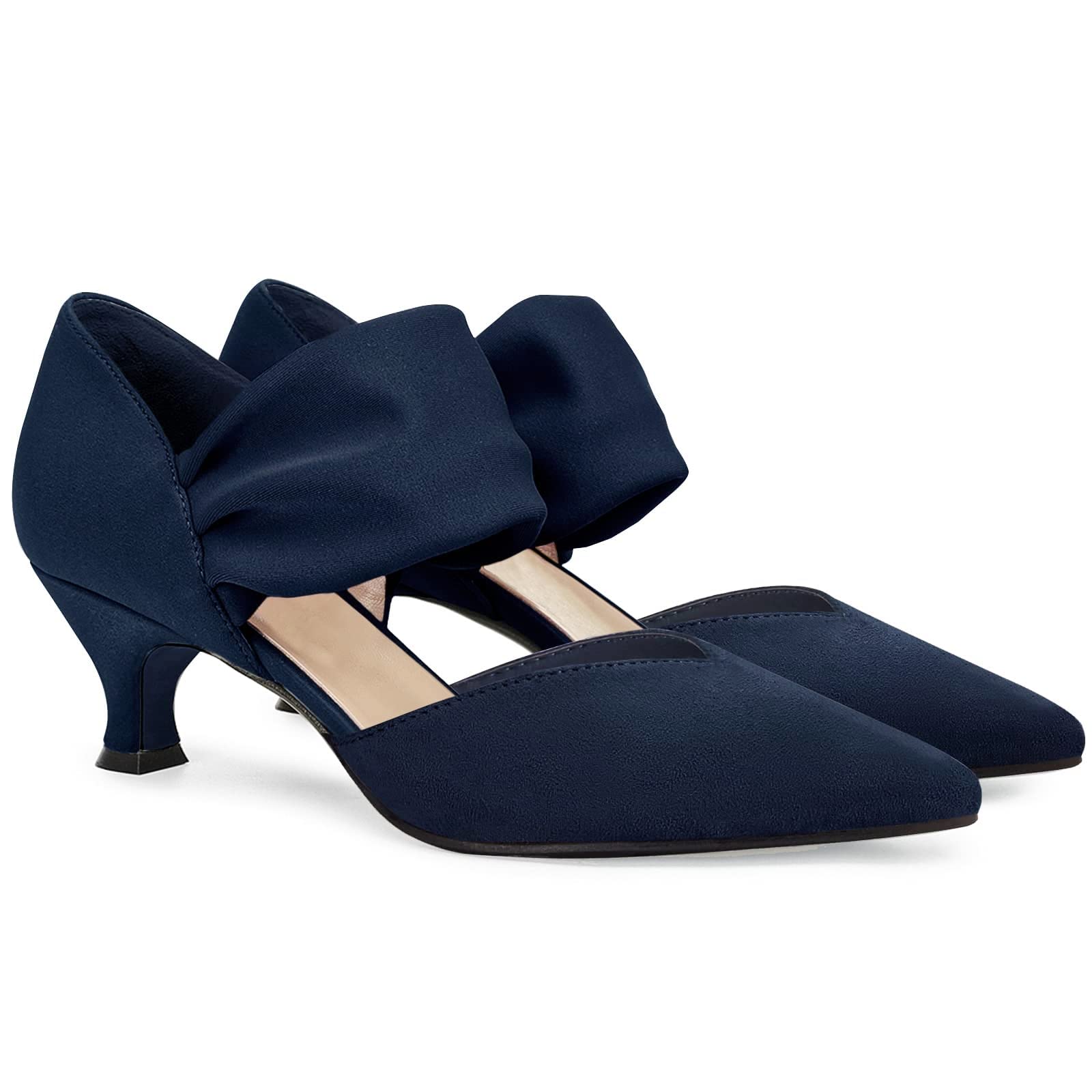 Photo 1 of Coutgo Womens Low Kitten Heel Dress Shoes Pointed Toe Slip on Ankle Strap Cutout Elegant Party Wedding Pumps, Navy, Size 11