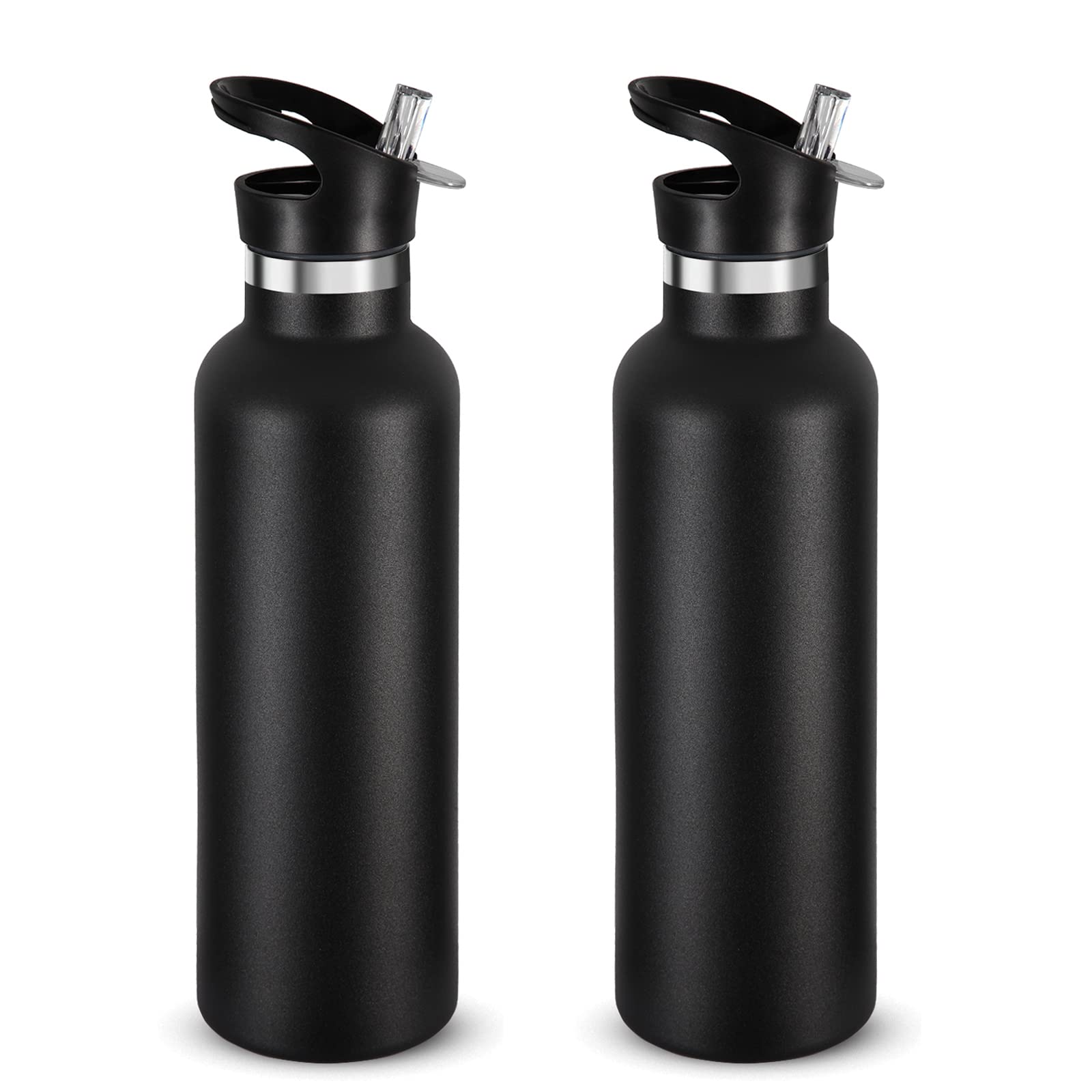 Volhoply 750ml Insulated Water Bottles Bulk 2 Pack,Stainless Steel Double Wall Sport Bottle with Straw Lid,Metal Reusable Cup with Hand Cap for School,Cyclists,Hikers,Gift (Black, 2)