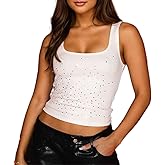 CJXJTIN Women Sexy Square Neck Sparkly Rhinestone Ribbed Knit Crop Tank Y2K Sleeveless Backless Glitter Party Crop Top