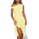 Women Sleeveless One Shoulder Bodycon Midi Dress Summer Side Slit Mesh Irregular Ruffle Cocktail Dress for Women