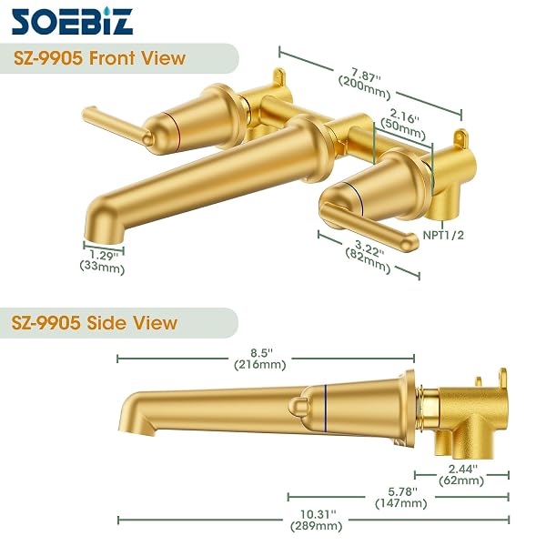 SOEBIZ WALL MOUNT BATHROOM FAUCET, WIDESPREAD 3 HOLES BRASS VESSEL FAUCETS FOR BATHROOM, TWO HANDLES BRUSHED GOLD WALL MOUNTED SINK FAUCETS SZ9905BG