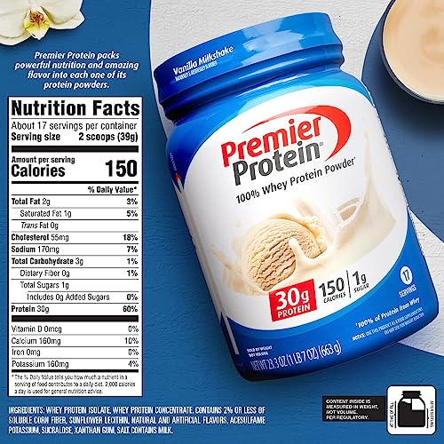 Premier Protein Powder, Vanilla Milkshake, 30g Protein, 1g Sugar, 100 Whey Protein, Keto