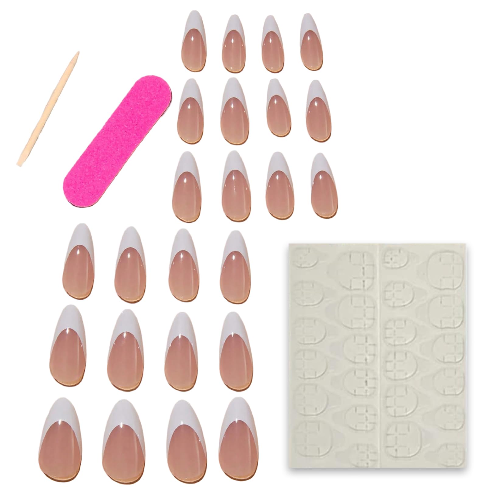 24Pcs French Tip Press On Nails, Medium Almond Tips Acrylic Full Cover White Glossy Nude Reusable Glue On Nails for Women Girls - Image 4