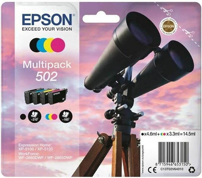 Epson 502 Multipack 4 Colour Ink Black Cyan Magenta Yellow Standard Yield